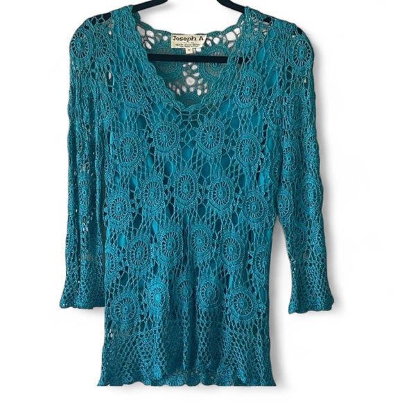 Joseph A. Blue Crochet Lace Overlay with 3/4 Sleeves - Picture 1 of 7
